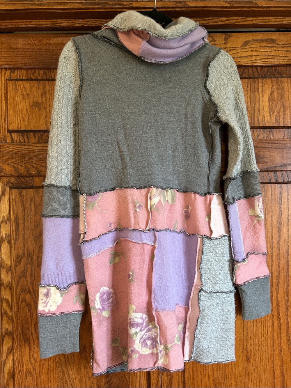 Patchwork Cowl Neck Sweater Tunic - Gray, Pink & Lavender